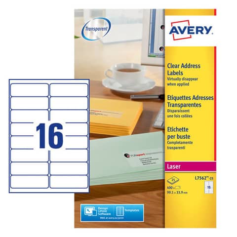 Etichette poliestere trasparenti lucide AVERY QuickPEEL™ 99,1x33,9 mm - 16 et/foglio - laser conf. 25 ff L7562-25